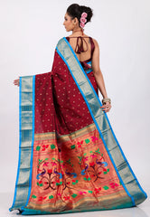 Maroon with Blue Border Pure Paithani Silk Saree With Blouse Piece - Adi Akshoy & Co.