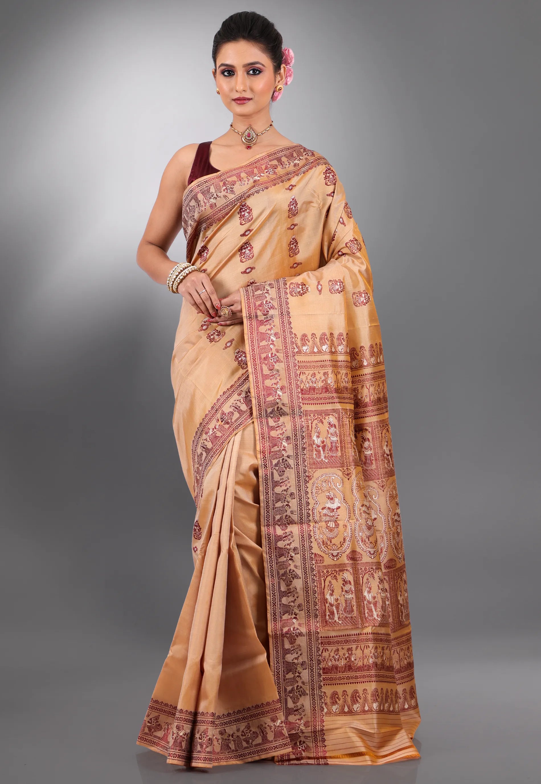 Beige Pure Baluchari Silk Saree with Blouse Piece - Adi Akshoy & Co.