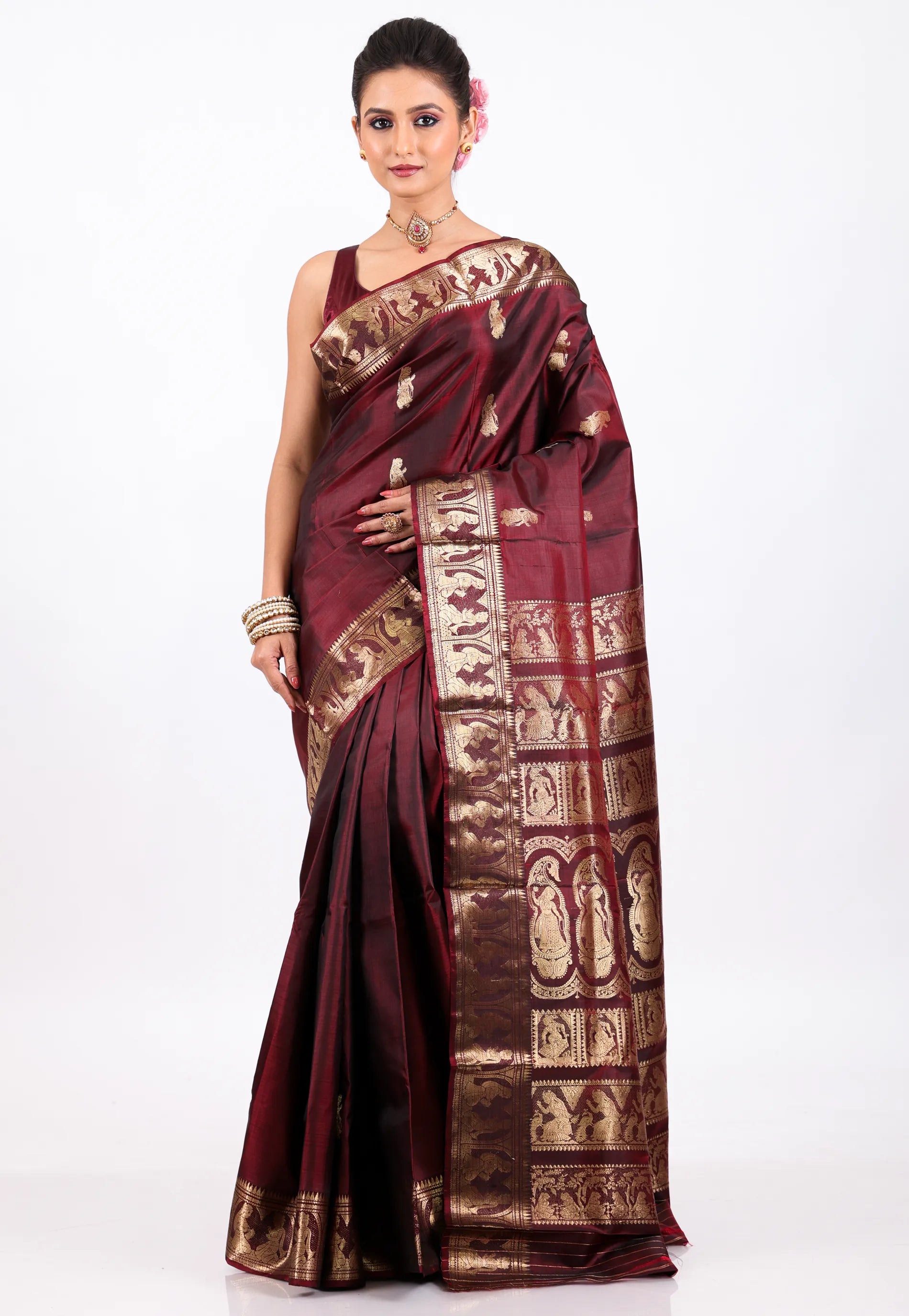 Maroon Pure Baluchari Silk Saree with Blouse Piece - Adi Akshoy & Co.