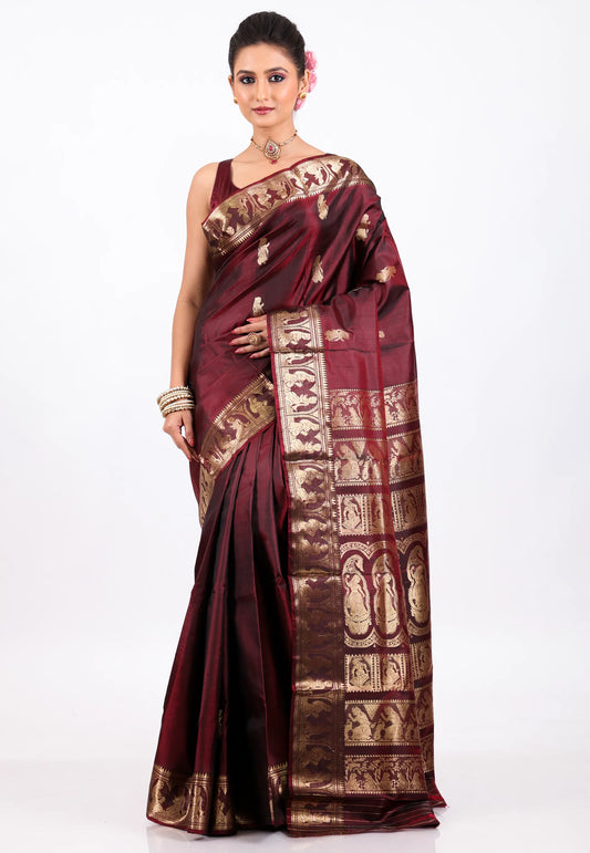 Maroon Pure Baluchari Silk Saree with Blouse Piece - Adi Akshoy & Co.