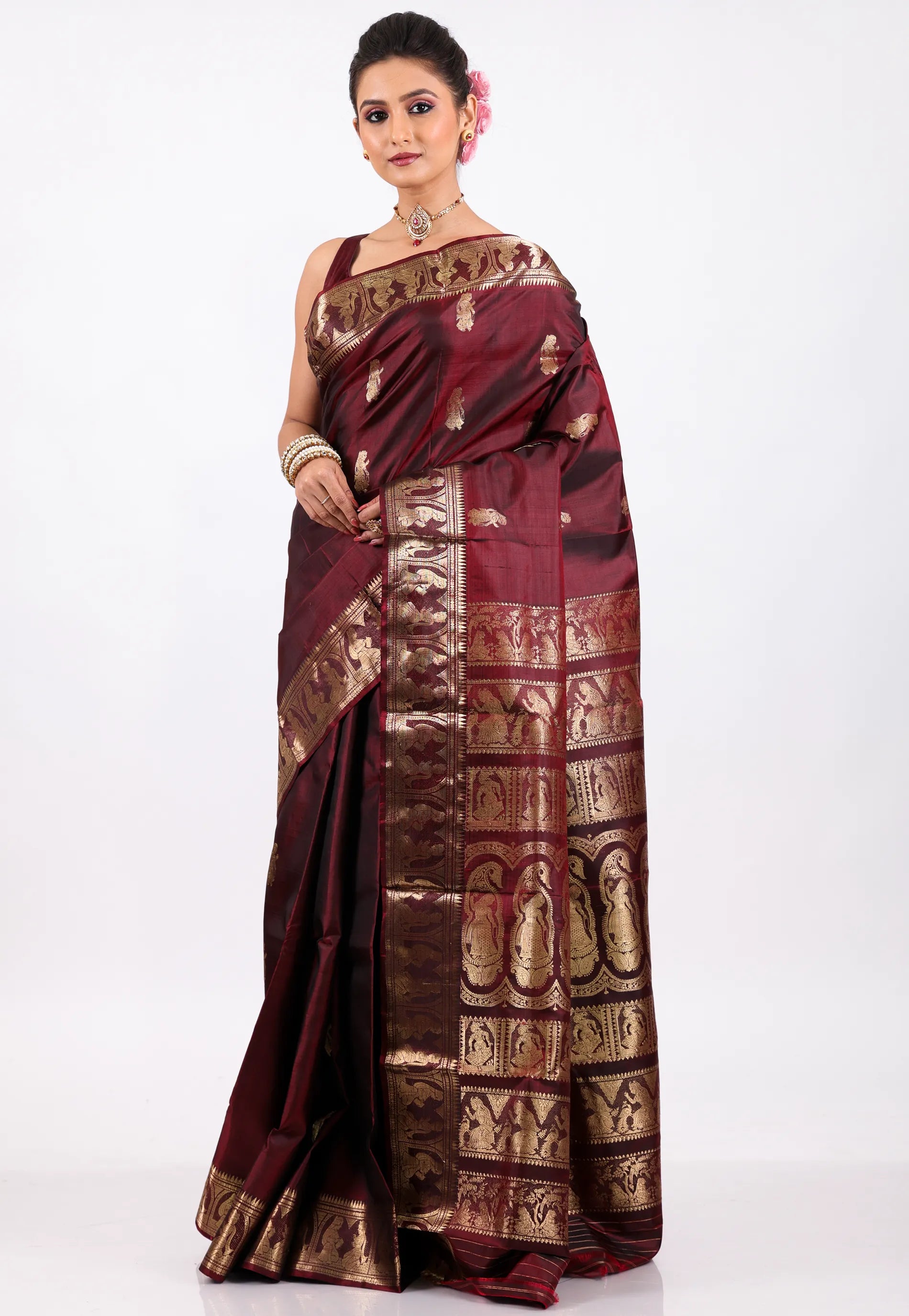 Maroon Pure Baluchari Silk Saree with Blouse Piece - Adi Akshoy & Co.