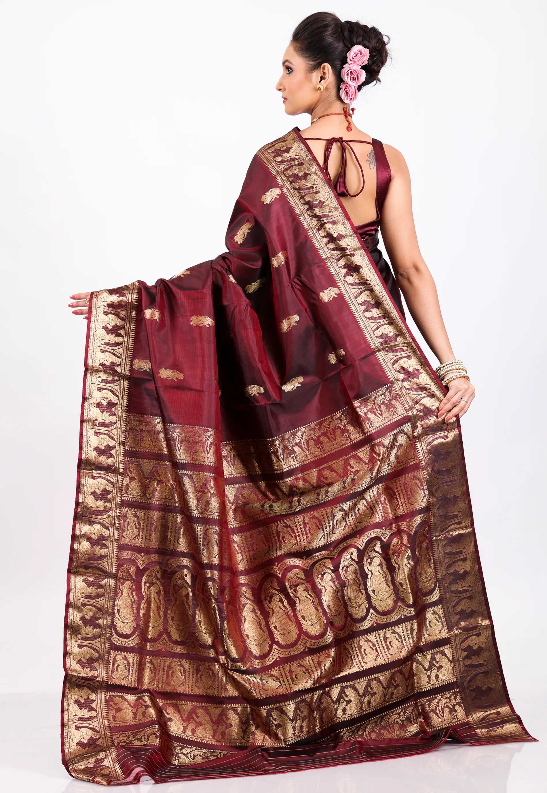 Maroon Pure Baluchari Silk Saree with Blouse Piece - Adi Akshoy & Co.