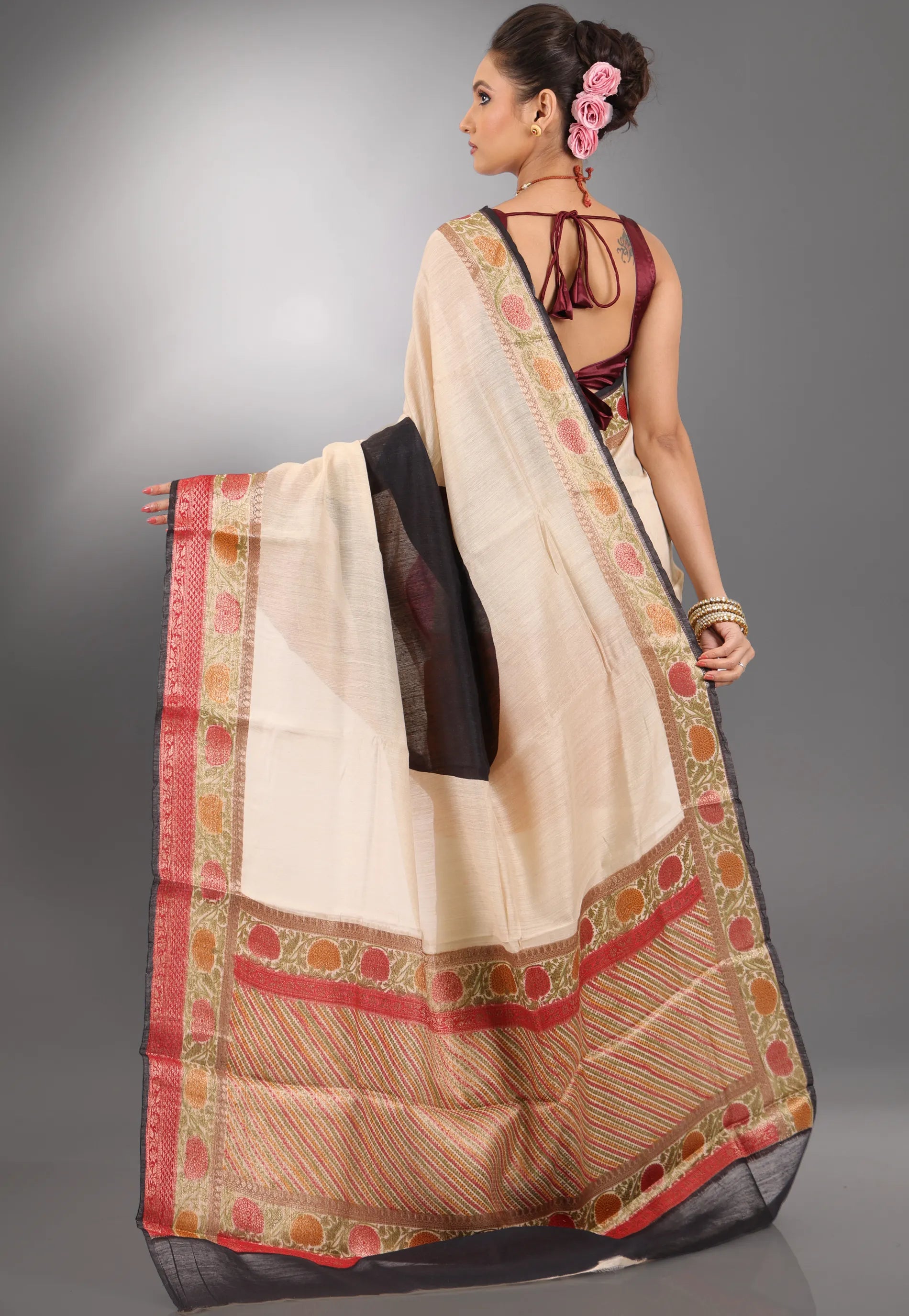 Beige Pure Tussar Silk Saree with Blouse Piece - Adi Akshoy & Co.