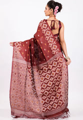 Deep Maroon Pure Tussar Dhakai Jamdani Saree with Blouse Piece - Adi Akshoy & Co.