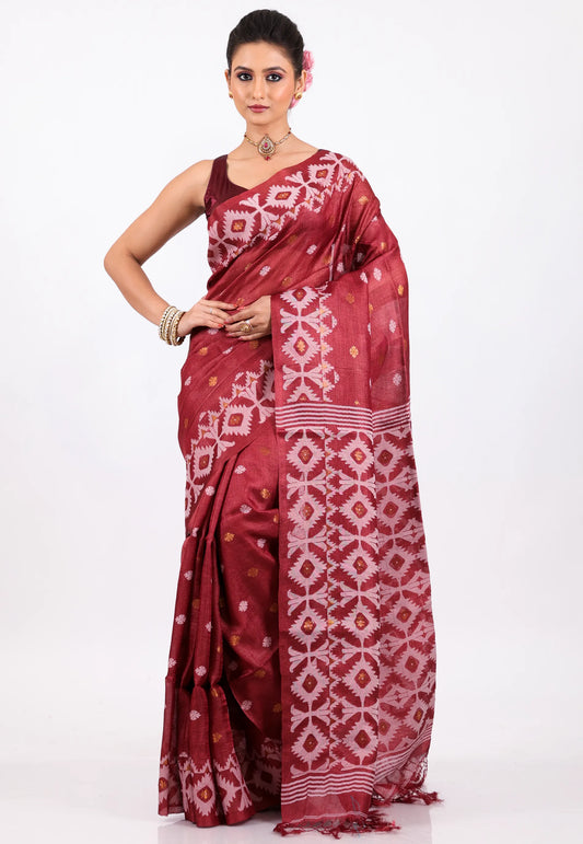 Light Maroon Pure Tussar Dhakai Jamdani Saree with Blouse Piece - Adi Akshoy & Co.