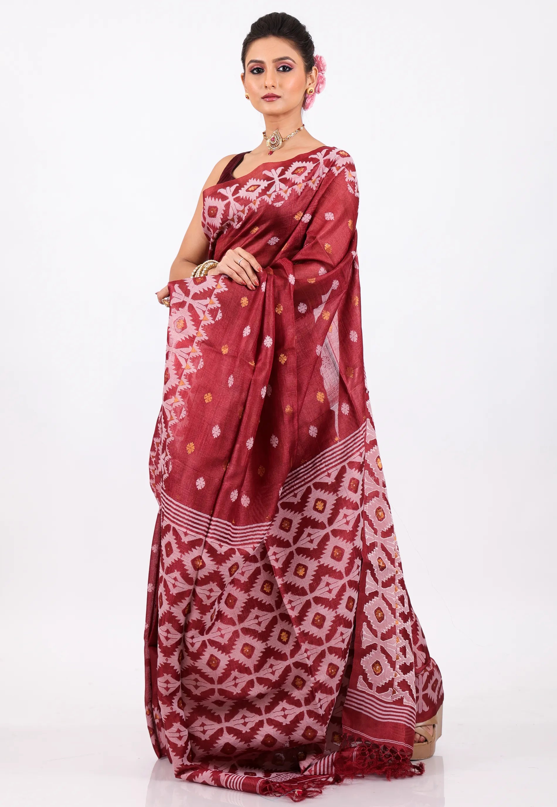 Light Maroon Pure Tussar Dhakai Jamdani Saree with Blouse Piece - Adi Akshoy & Co.