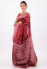 Light Maroon Pure Tussar Dhakai Jamdani Saree with Blouse Piece - Adi Akshoy & Co.