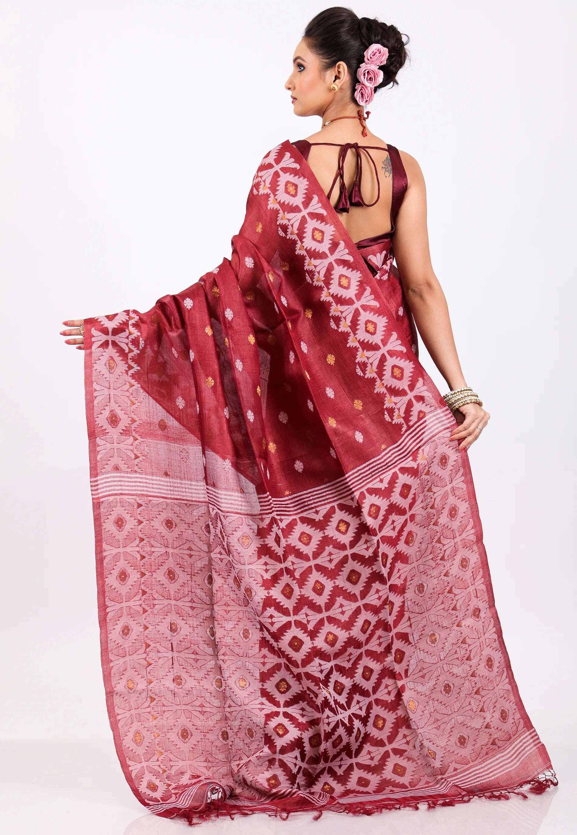 Light Maroon Pure Tussar Dhakai Jamdani Saree with Blouse Piece - Adi Akshoy & Co.