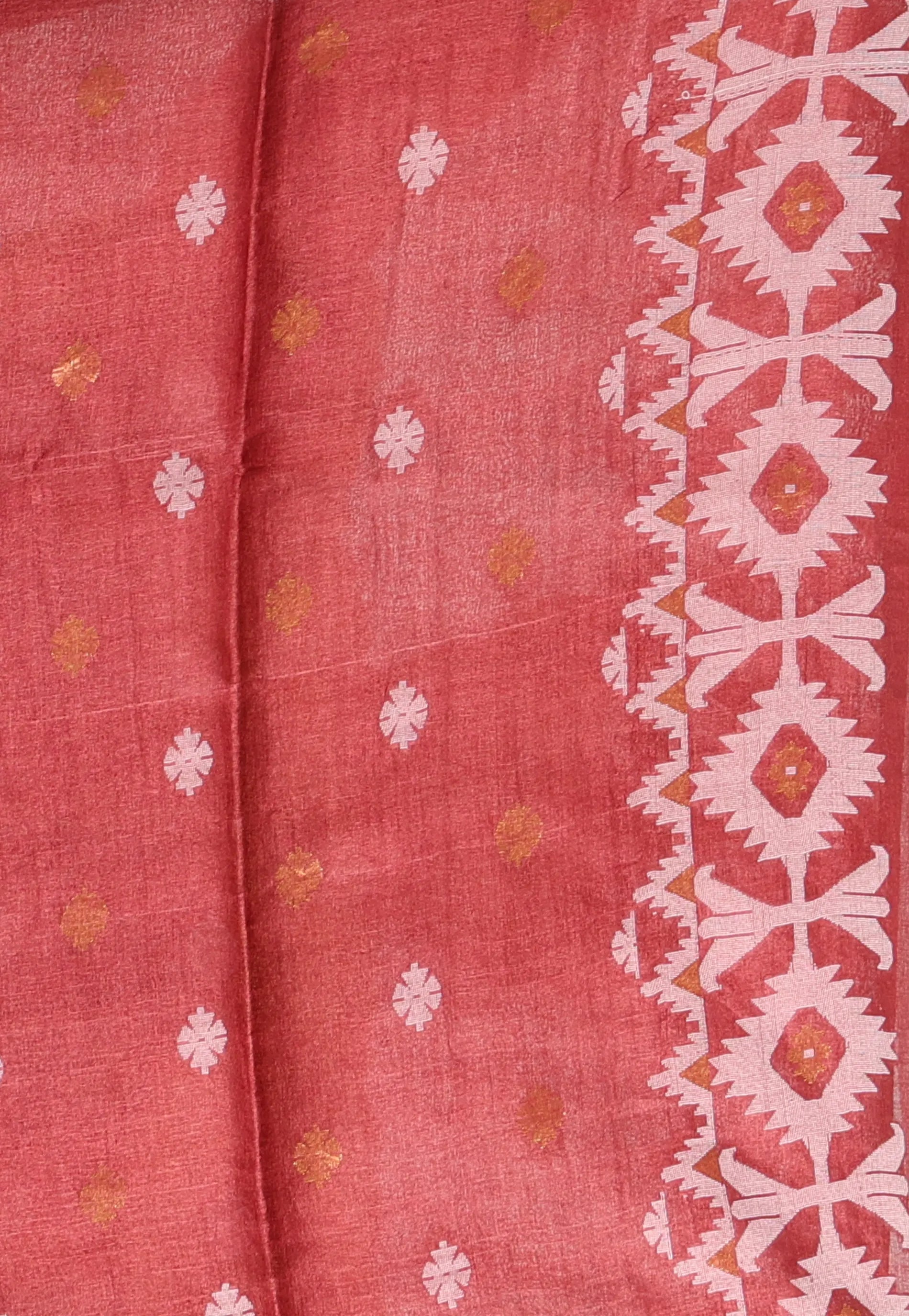 Light Maroon Pure Tussar Dhakai Jamdani Saree with Blouse Piece - Adi Akshoy & Co.