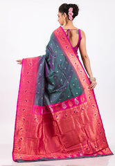 Cross Green Kanjivaram Silk Saree With Blouse Piece - Adi Akshoy & Co.