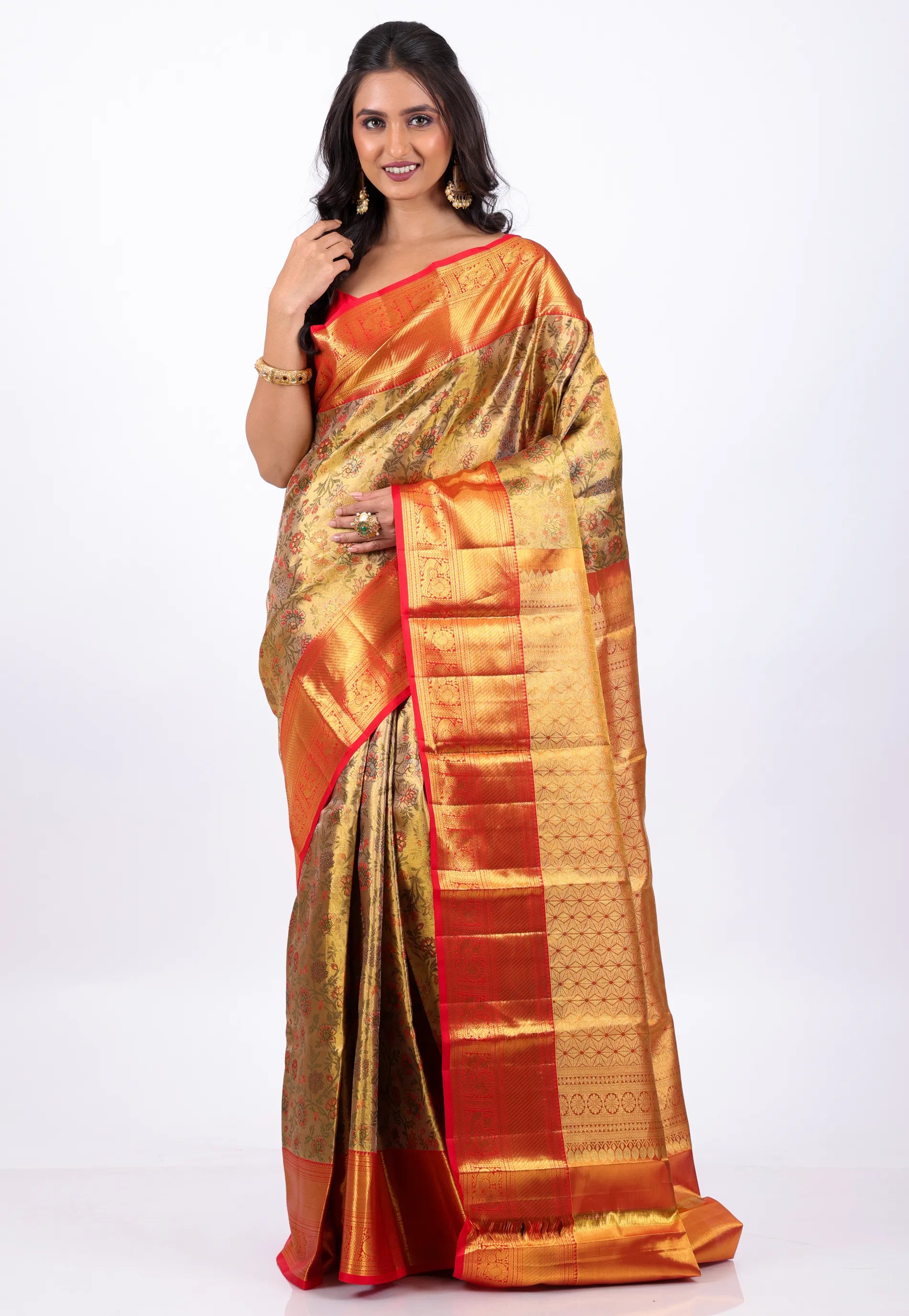 Golden Brown with Red Border Pure Tissue Kanjivaram Silk Saree With Blouse Piece - Adi Akshoy & Co.