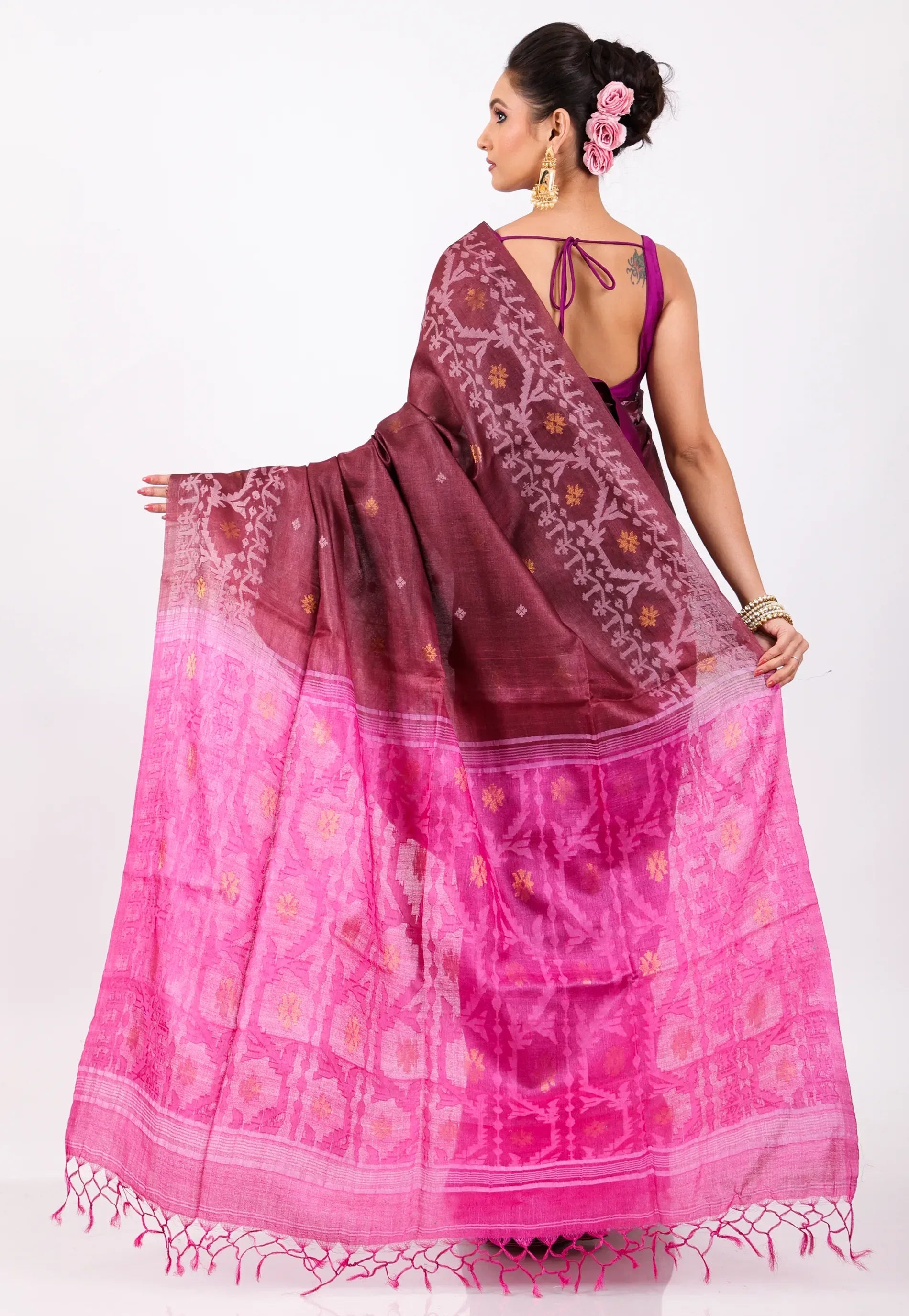 Maroon Pure Tussar Dhakai Jamdani Saree with Blouse Piece - Adi Akshoy & Co.