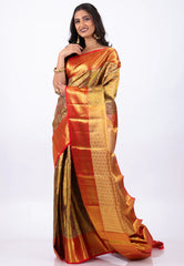 Golden Brown with Red Border Pure Tissue Kanjivaram Silk Saree With Blouse Piece - Adi Akshoy & Co.