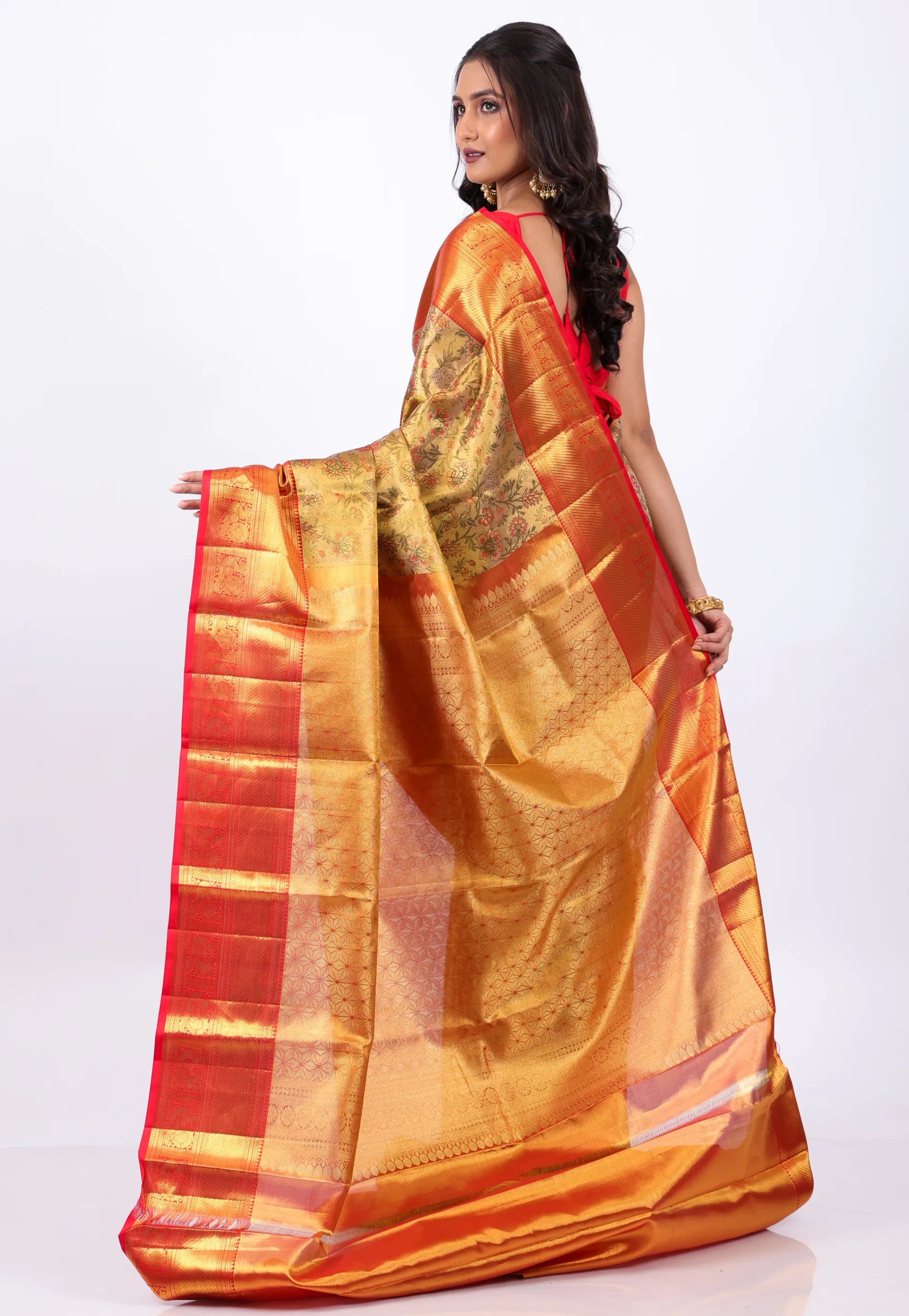 Golden Brown with Red Border Pure Tissue Kanjivaram Silk Saree With Blouse Piece - Adi Akshoy & Co.