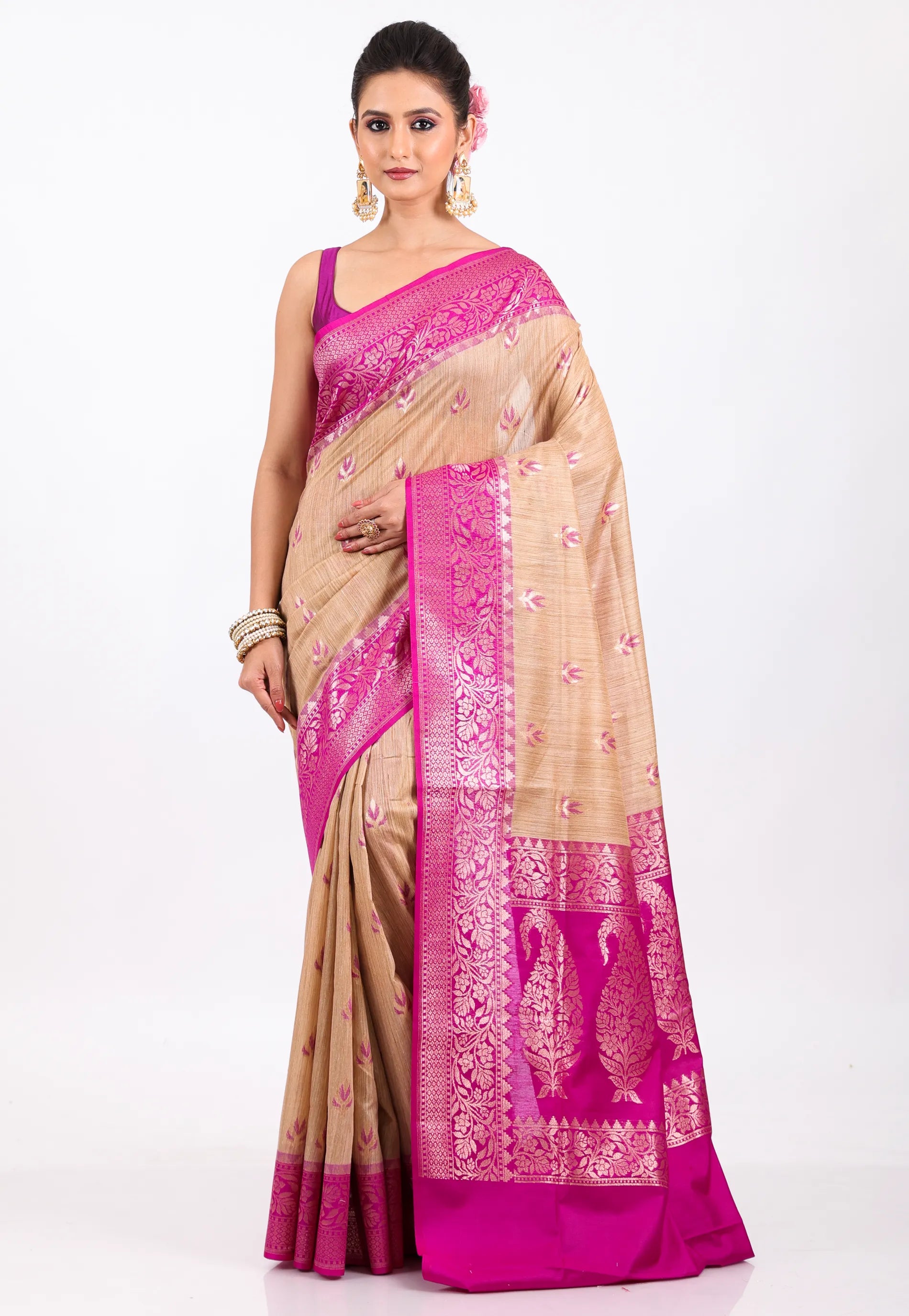 Beige with Rani Border Tussar Silk Saree with Blouse Piece - Adi Akshoy & Co.