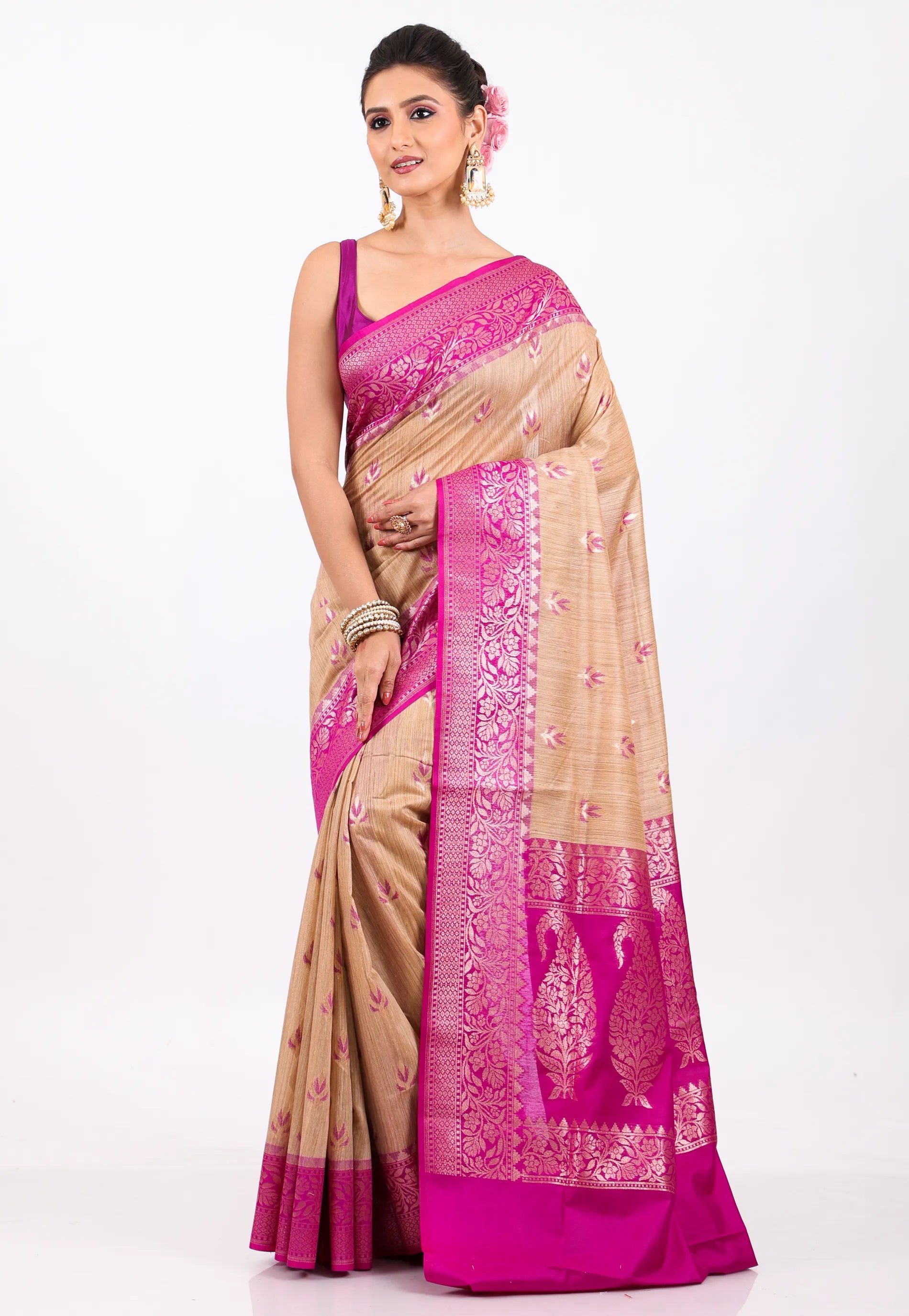 Beige with Rani Border Tussar Silk Saree with Blouse Piece - Adi Akshoy & Co.