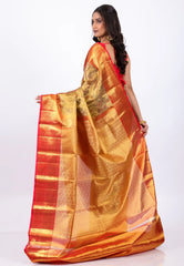Golden Brown with Red Border Pure Tissue Kanjivaram Silk Saree With Blouse Piece - Adi Akshoy & Co.