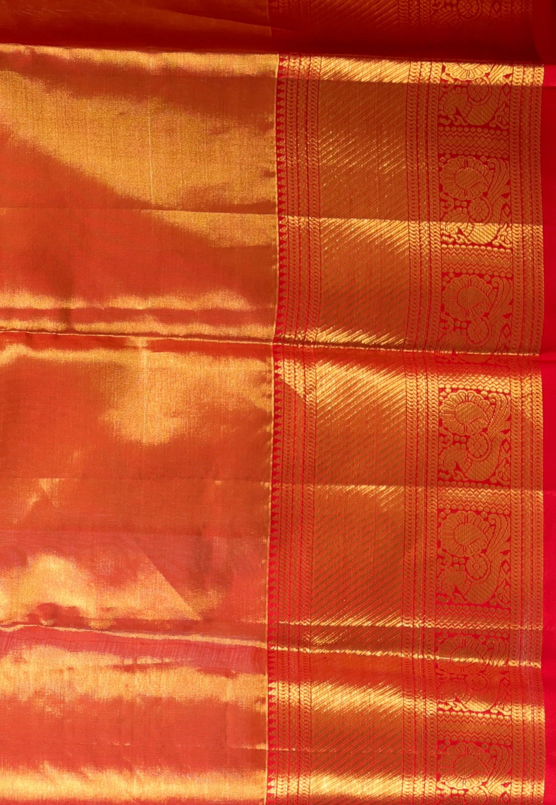 Golden Brown with Red Border Pure Tissue Kanjivaram Silk Saree With Blouse Piece - Adi Akshoy & Co.