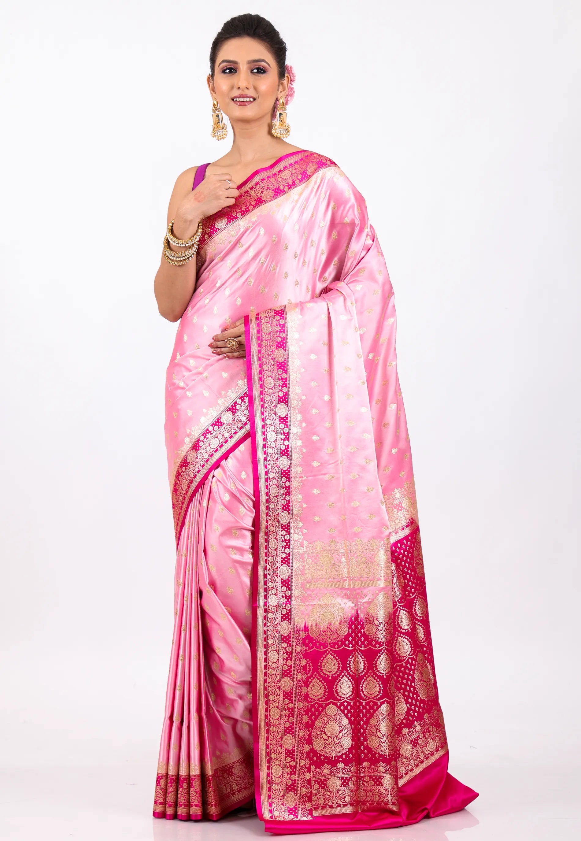 Pink with Rani Border Pastel Banarasi Saree With Blouse Piece - Adi Akshoy & Co.