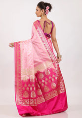 Pink with Rani Border Pastel Banarasi Saree With Blouse Piece - Adi Akshoy & Co.