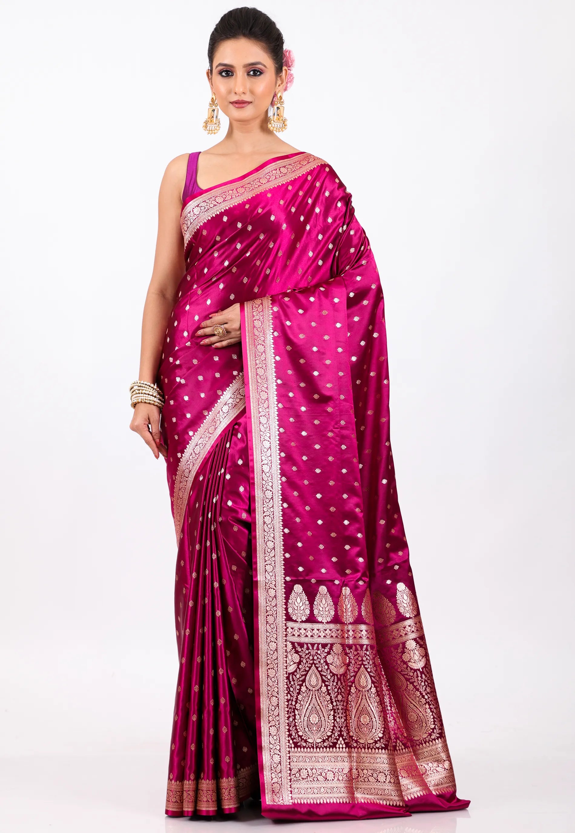 Magenta with Zari work Wedding Banarasi Saree with Blouse Piece - Adi Akshoy & Co.