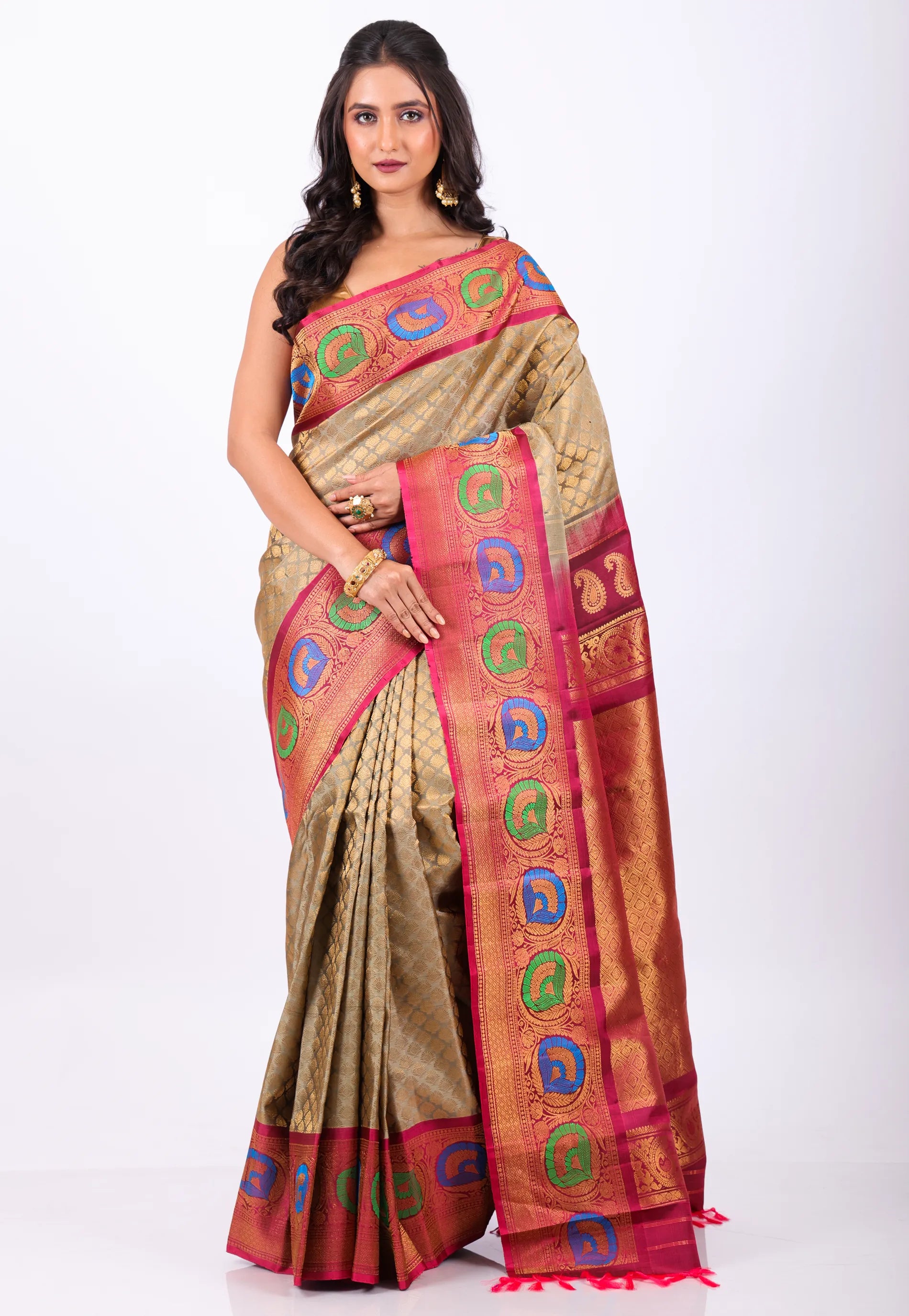 Golden Buti with Red Border Pure Gadwal Silk Saree With Blouse Piece - Adi Akshoy & Co.