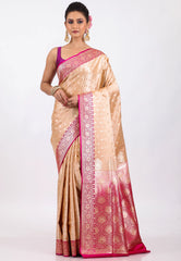 Beige with Rani Border Pastel Banarasi Saree With Blouse Piece - Adi Akshoy & Co.