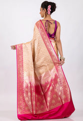 Beige with Rani Border Pastel Banarasi Saree With Blouse Piece - Adi Akshoy & Co.