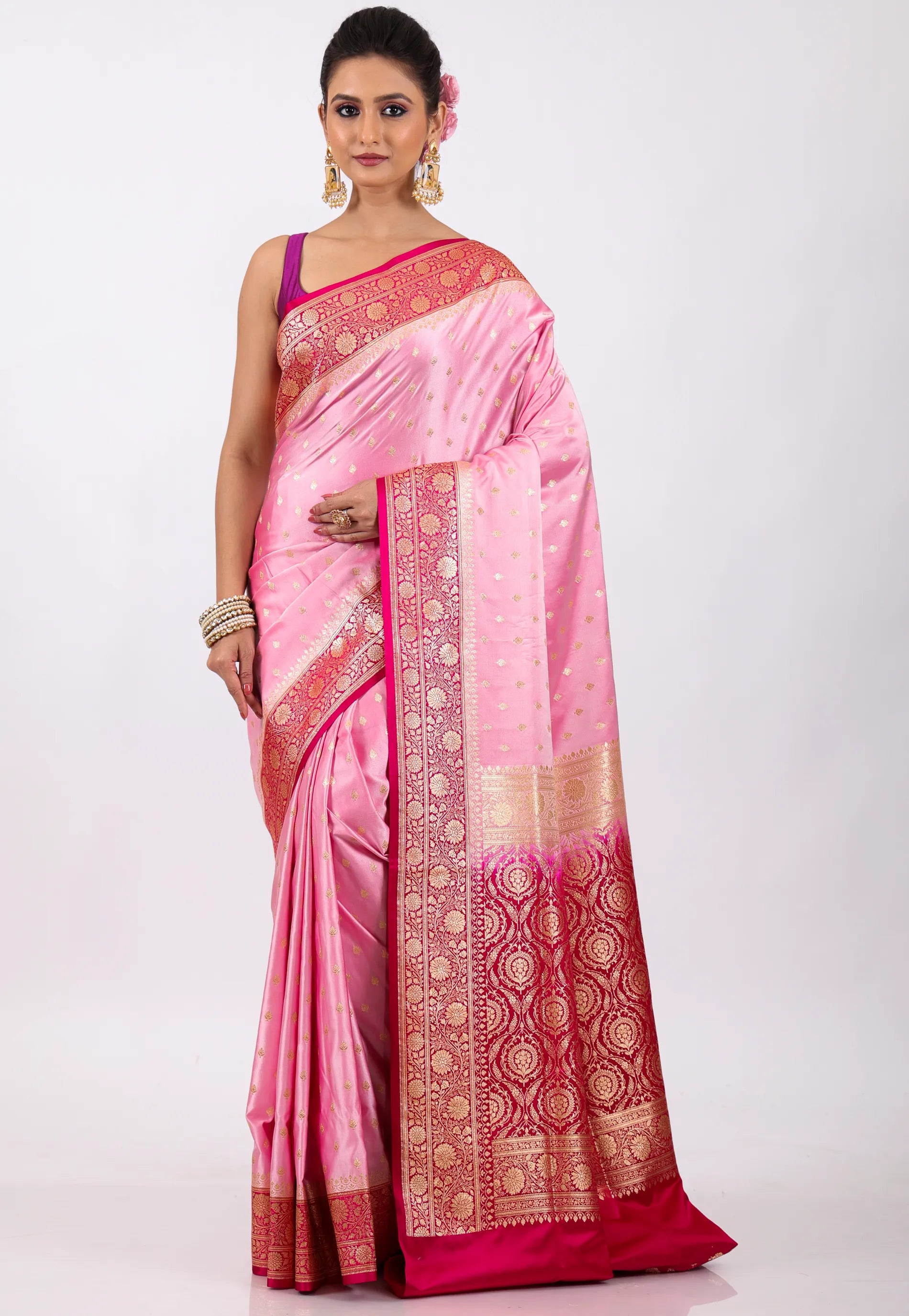 Pink with Rani Border Pastel Banarasi Saree With Blouse Piece - Adi Akshoy & Co.