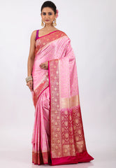 Pink with Rani Border Pastel Banarasi Saree With Blouse Piece - Adi Akshoy & Co.