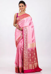 Pink with Rani Border Pastel Banarasi Saree With Blouse Piece - Adi Akshoy & Co.