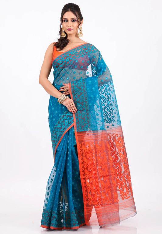 Blue Dhakai Jamdani Cotton Saree without Blouse Piece - Adi Akshoy & Co.