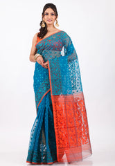Blue Dhakai Jamdani Cotton Saree without Blouse Piece - Adi Akshoy & Co.
