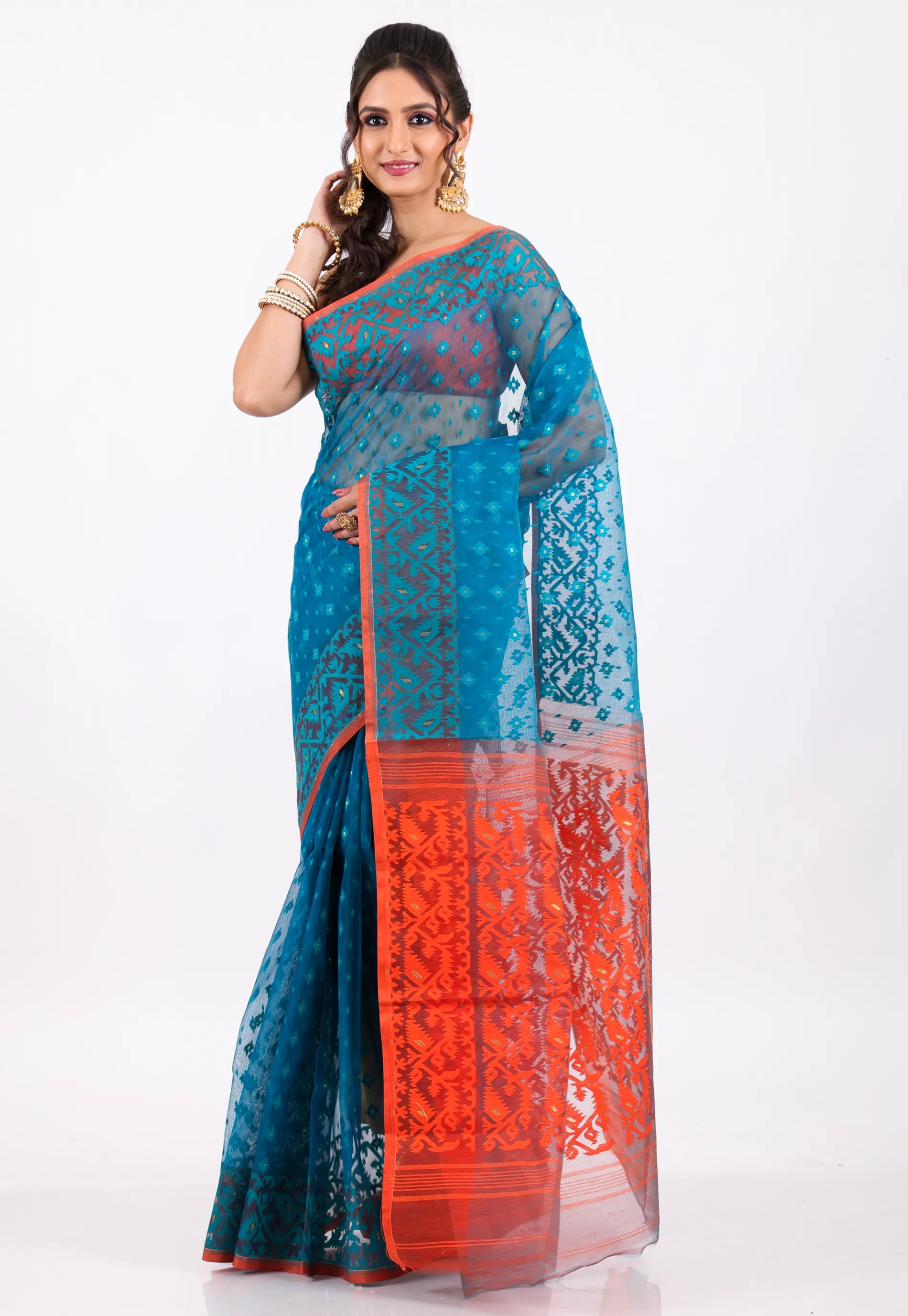 Blue Dhakai Jamdani Cotton Saree without Blouse Piece - Adi Akshoy & Co.