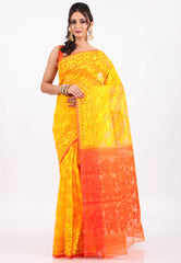 Yellow Dhakai Jamdani Cotton Saree without Blouse Piece - Adi Akshoy & Co.