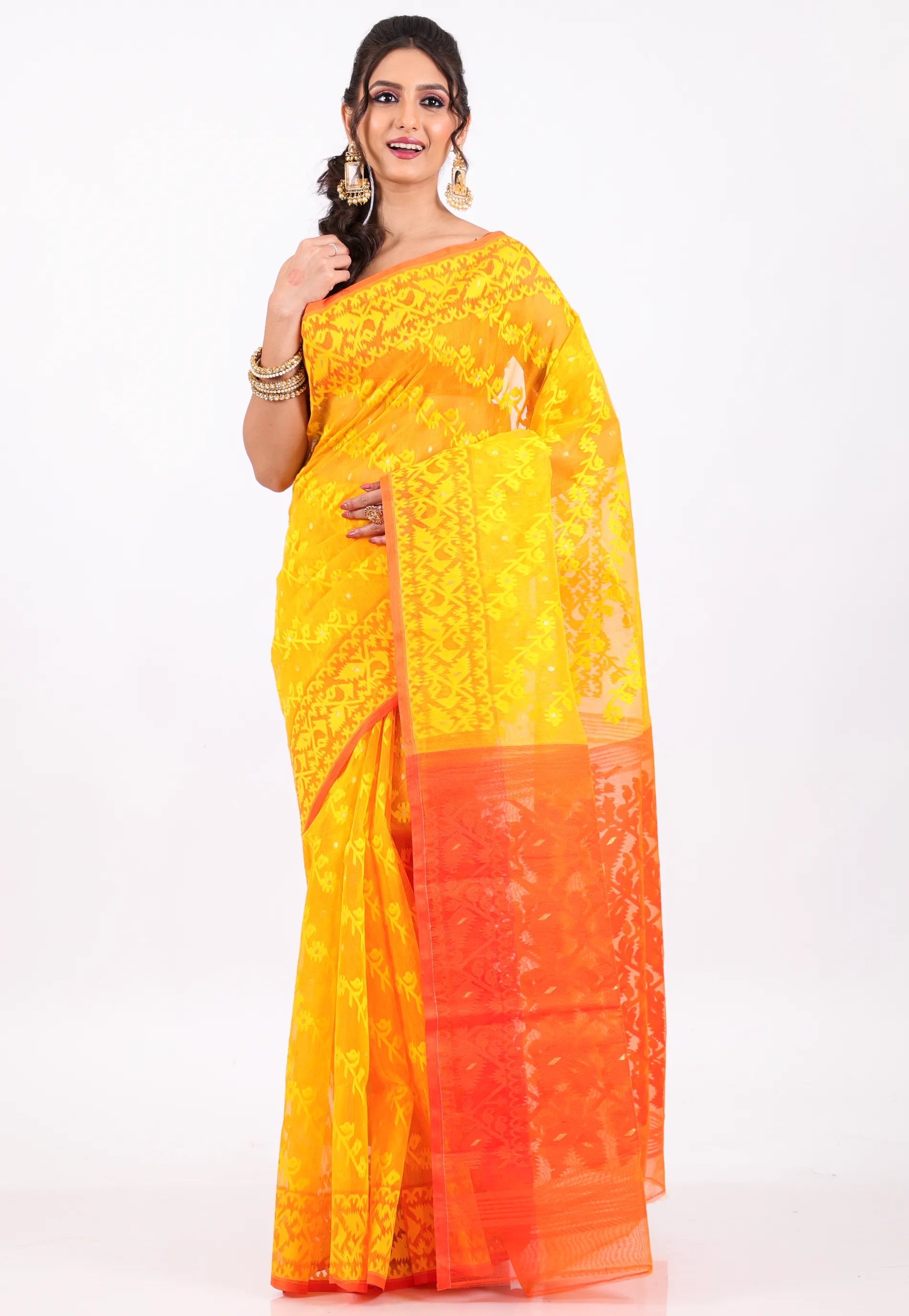 Yellow Dhakai Jamdani Cotton Saree without Blouse Piece - Adi Akshoy & Co.
