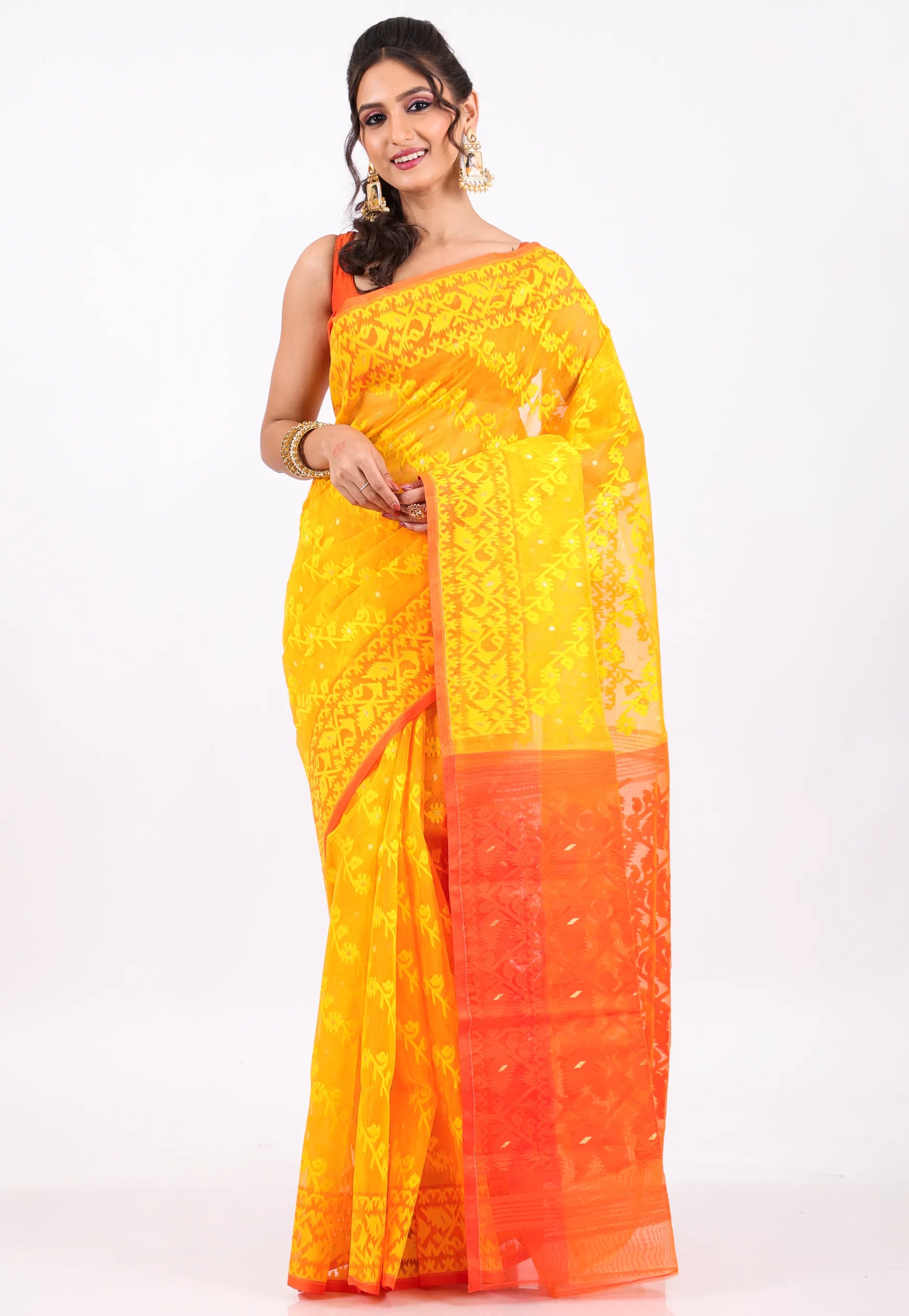 Yellow Dhakai Jamdani Cotton Saree without Blouse Piece - Adi Akshoy & Co.