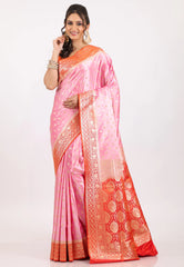 Pink with Red Border Pastel Banarasi Saree With Blouse Piece - Adi Akshoy & Co.