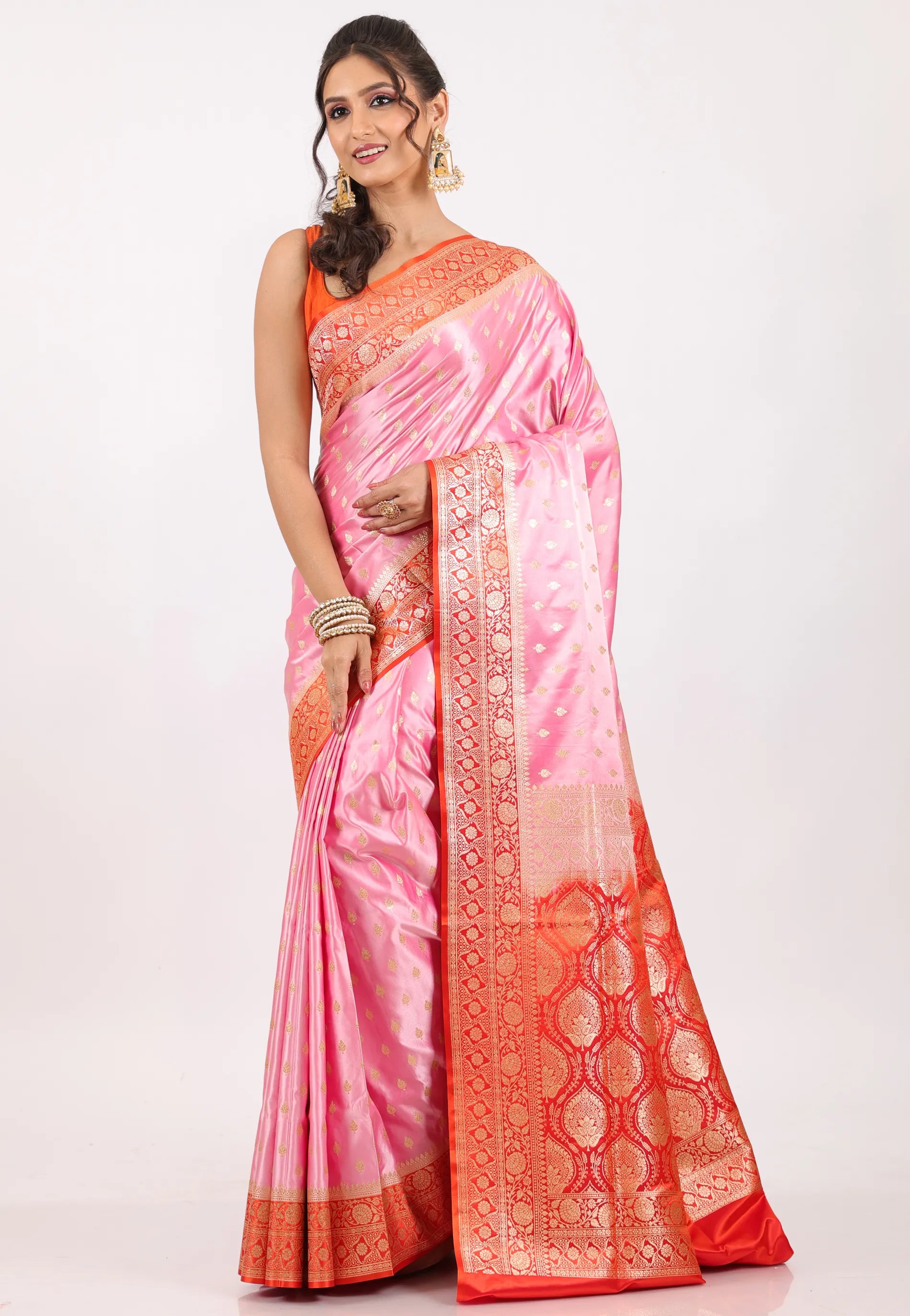 Pink with Red Border Pastel Banarasi Saree With Blouse Piece - Adi Akshoy & Co.
