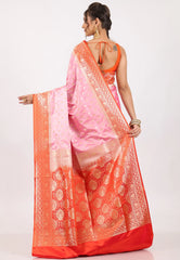 Pink with Red Border Pastel Banarasi Saree With Blouse Piece - Adi Akshoy & Co.