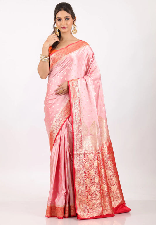 Pink with Red Border Pastel Banarasi Saree With Blouse Piece - Adi Akshoy & Co.