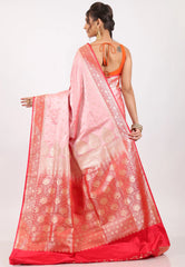 Pink with Red Border Pastel Banarasi Saree With Blouse Piece - Adi Akshoy & Co.