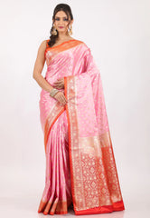 Pink with Red Border Pastel Banarasi Saree With Blouse Piece - Adi Akshoy & Co.