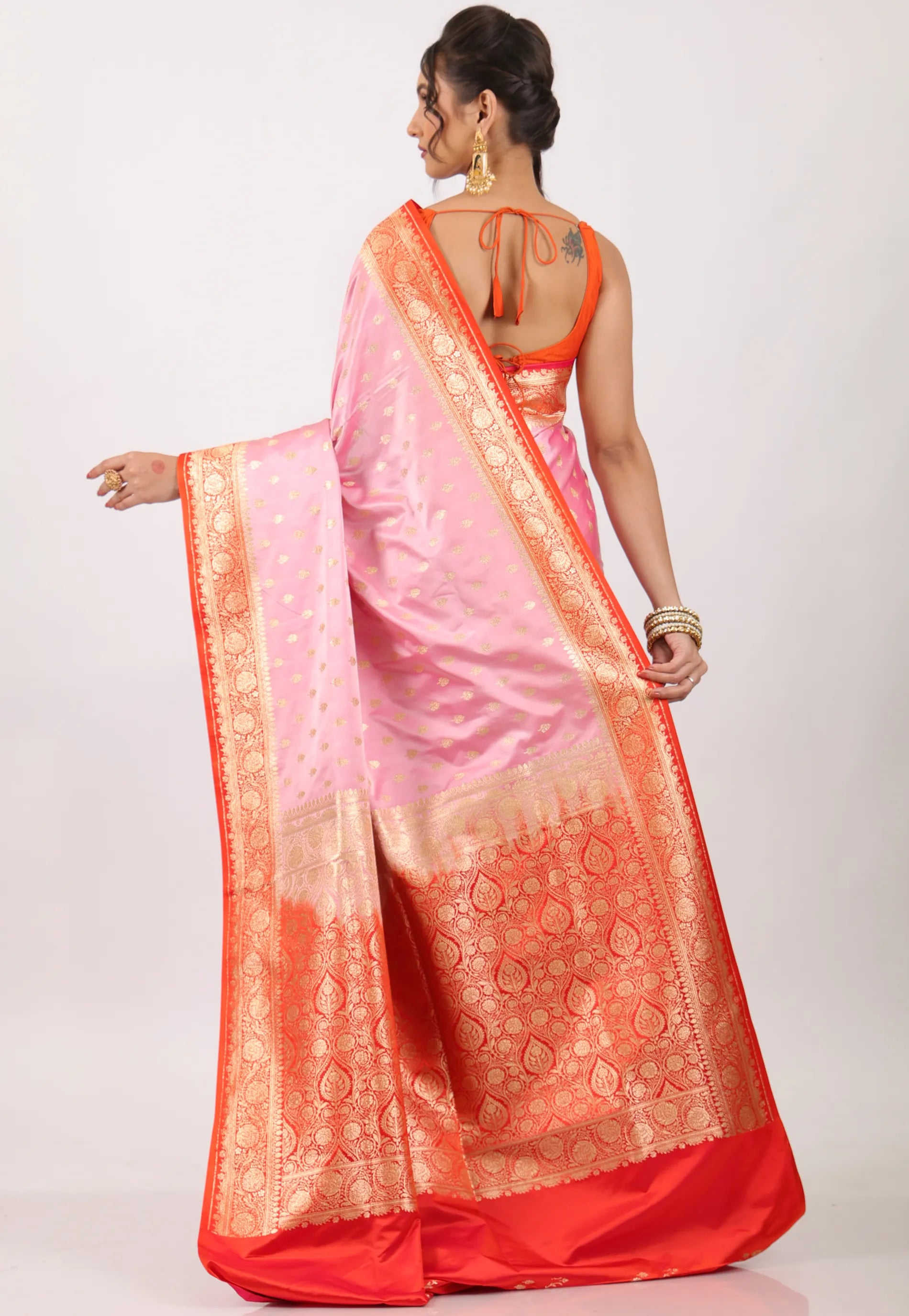 Pink with Red Border Pastel Banarasi Saree With Blouse Piece - Adi Akshoy & Co.
