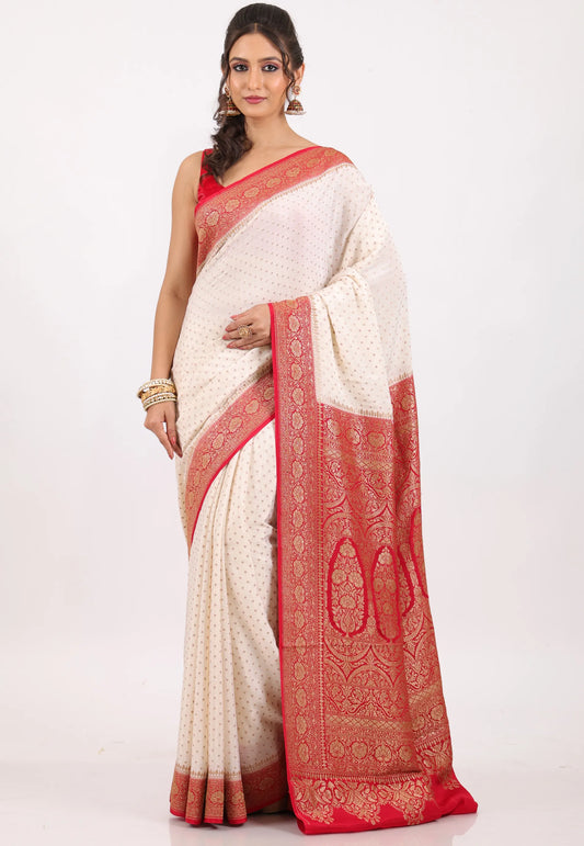 Off White with Red Border Zari work Khaddi Georgette Benarasi Saree with Blouse Piece - Adi Akshoy & Co.