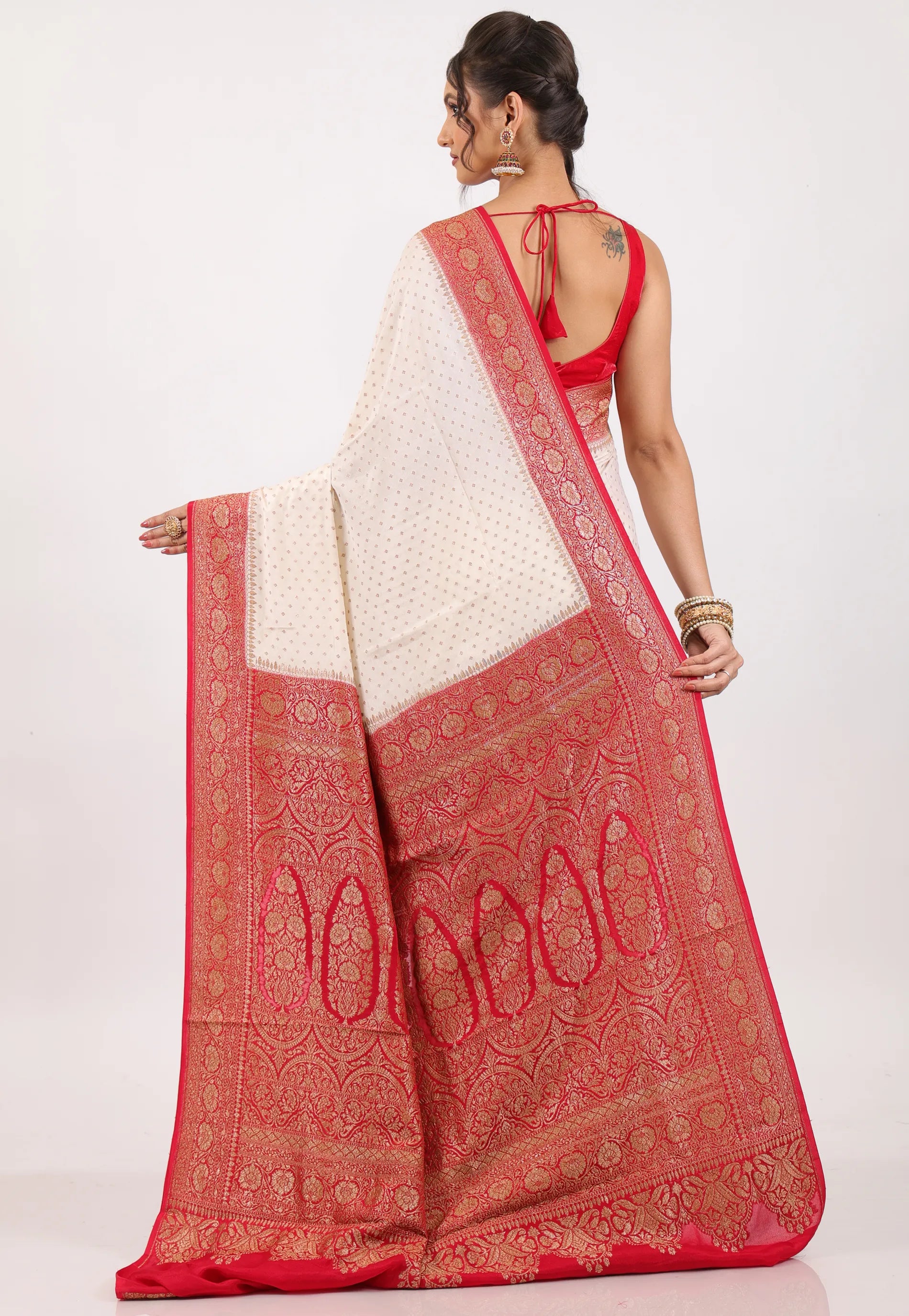 Off White with Red Border Zari work Khaddi Georgette Benarasi Saree with Blouse Piece - Adi Akshoy & Co.