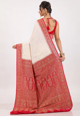 Off White with Red Border Zari work Khaddi Georgette Benarasi Saree with Blouse Piece - Adi Akshoy & Co.