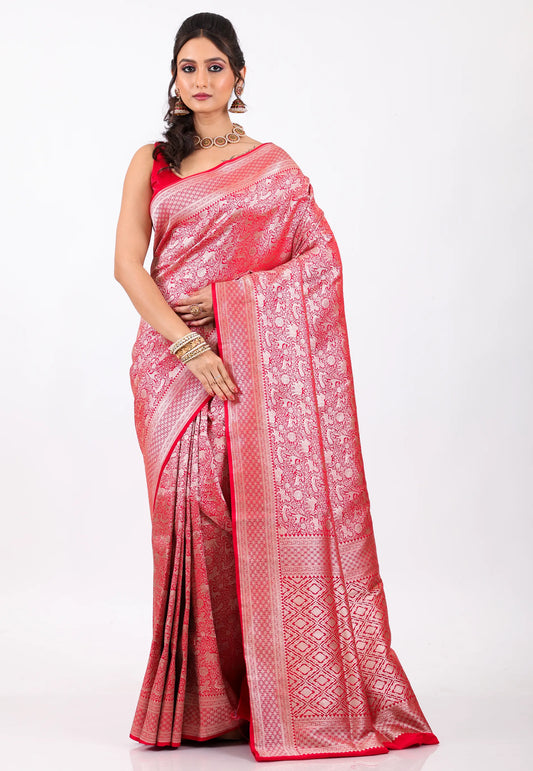 Red Shikargah Katan Silk Saree With Blouse Piece - Adi Akshoy & Co.
