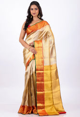 Golden Pure Tissue Kanjivaram Silk Saree With Blouse Piece - Adi Akshoy & Co.