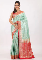Pesta Greenwith Red Border Pastel Banarasi Saree With Blouse Piece - Adi Akshoy & Co.